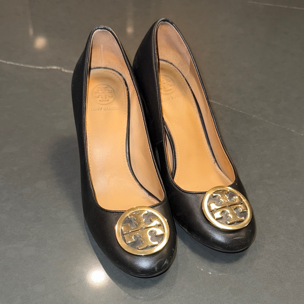 Tory Burch Black Heels with Gold Emblem